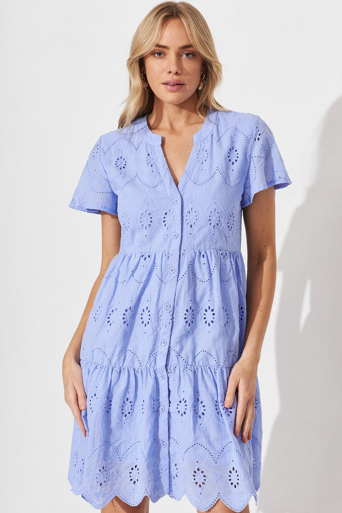 Vista Dress In Blue Broderie Cotton - front