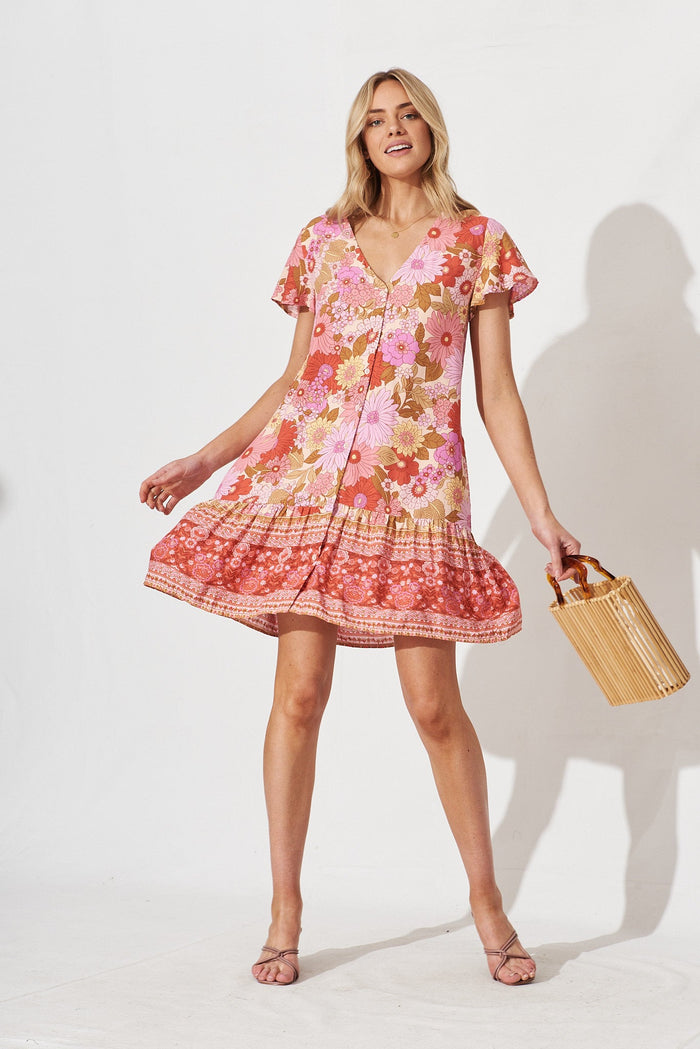 Mariachi Dress In Pink Multi Boho Floral - full length