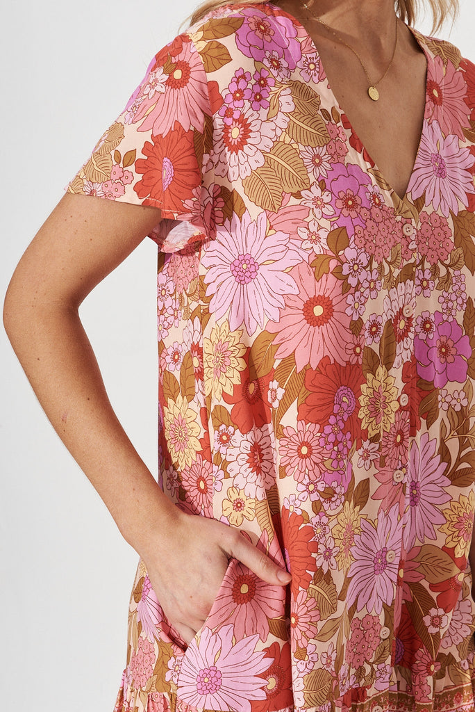 Mariachi Dress In Pink Multi Boho Floral - detail