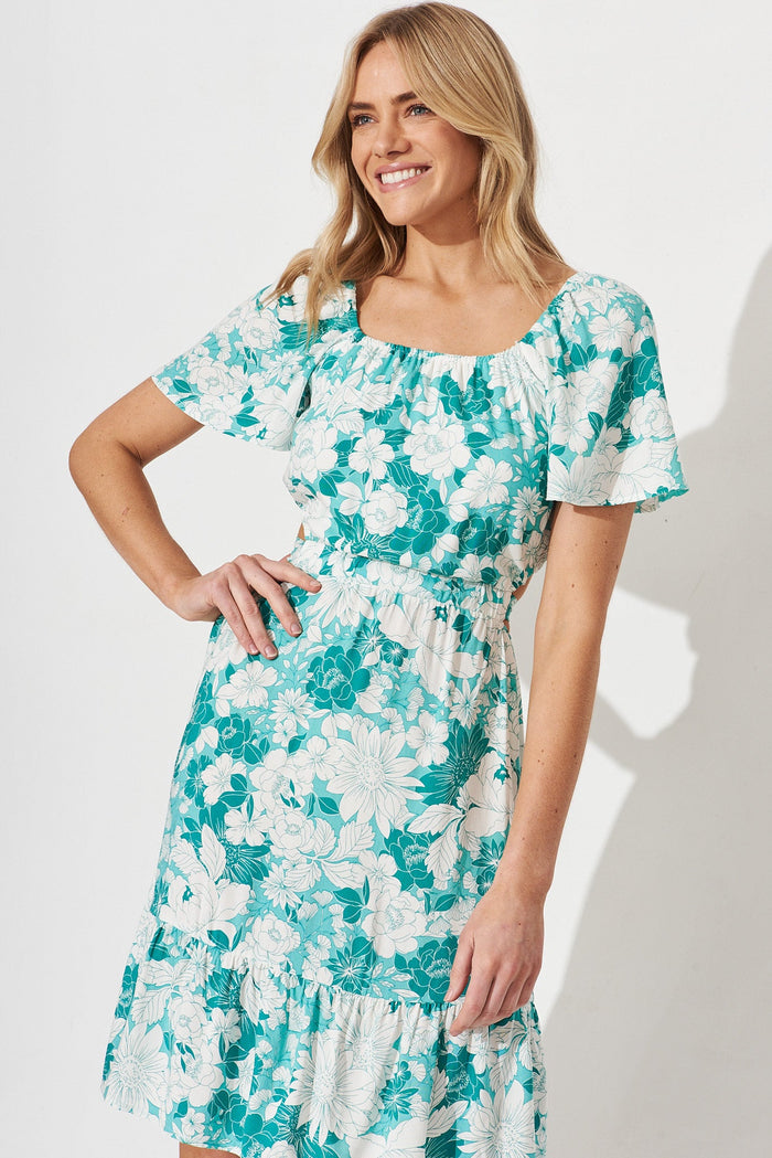 Elashiry Midi Dress In Green With White Floral - front