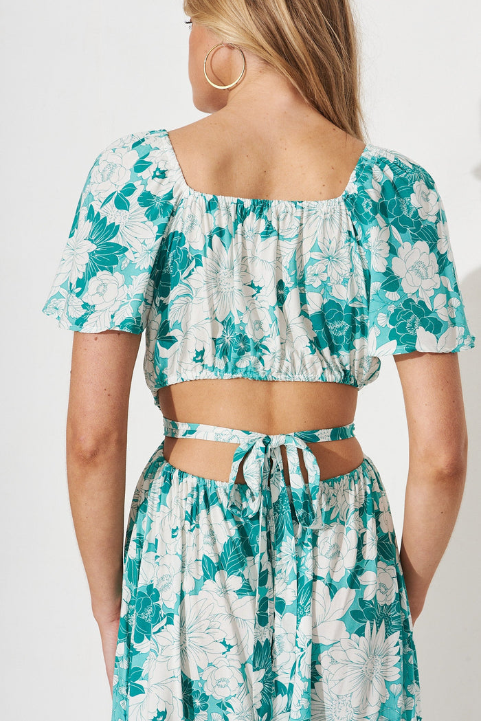 Elashiry Midi Dress In Green With White Floral - detail