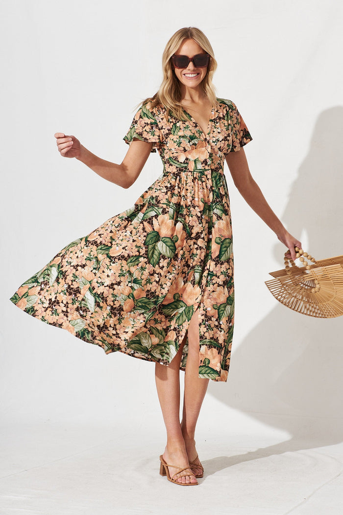 Nikke Midi Dress In Dusty Teal With Orange Floral - full length
