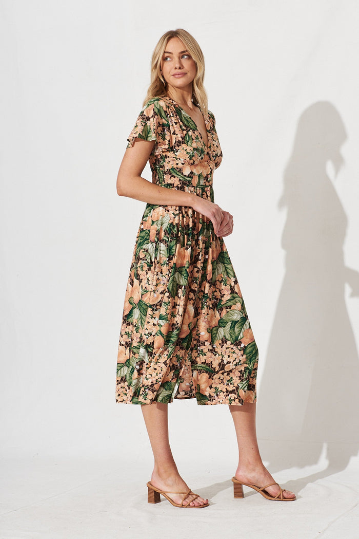 Nikke Midi Dress In Dusty Teal With Orange Floral - side