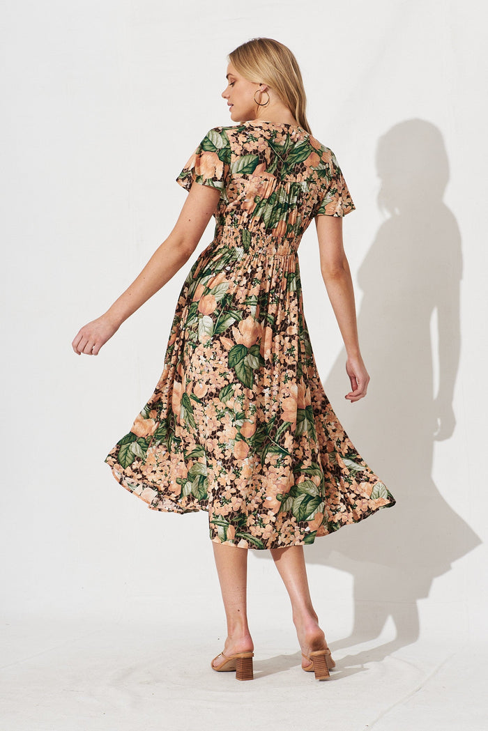 Nikke Midi Dress In Dusty Teal With Orange Floral - back