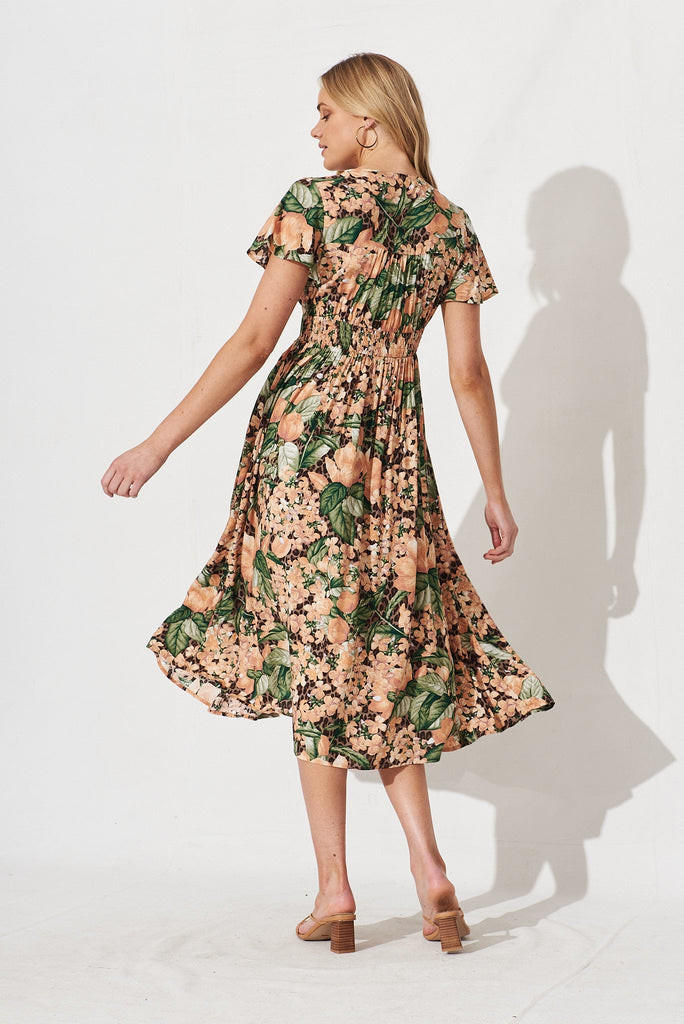 Nikke Midi Dress In Dusty Teal With Orange Floral - back