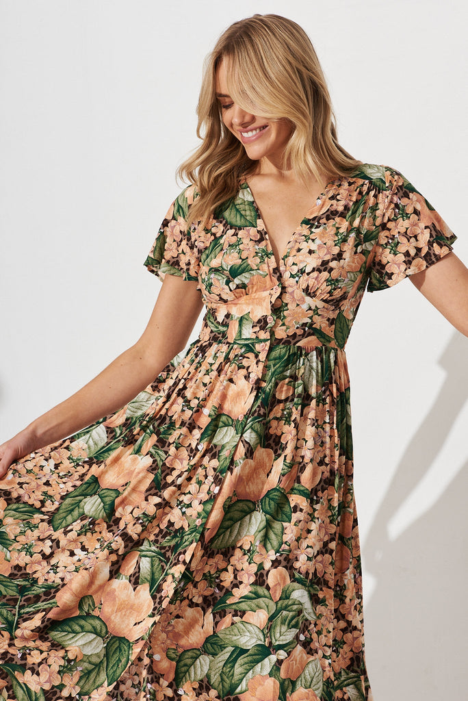 Nikke Midi Dress In Dusty Teal With Orange Floral - front