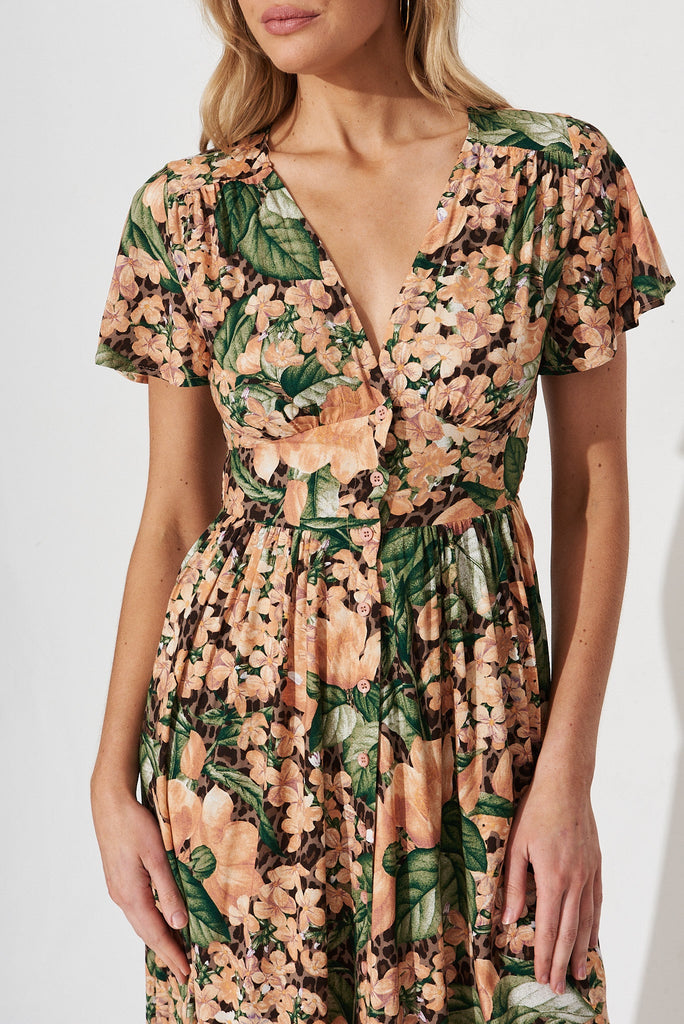 Nikke Midi Dress In Dusty Teal With Orange Floral - detail