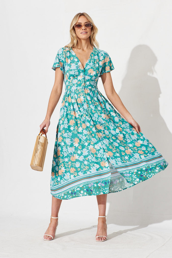Nikke Midi Dress In Green With Blue Orange Floral - full length