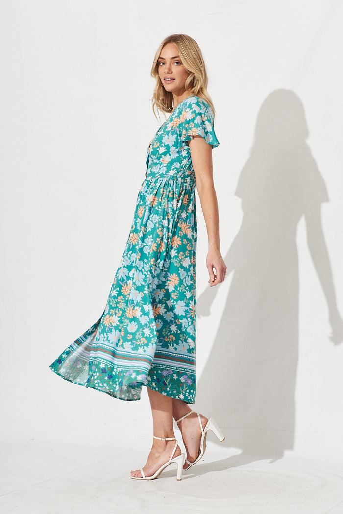 Nikke Midi Dress In Green With Blue Orange Floral - side