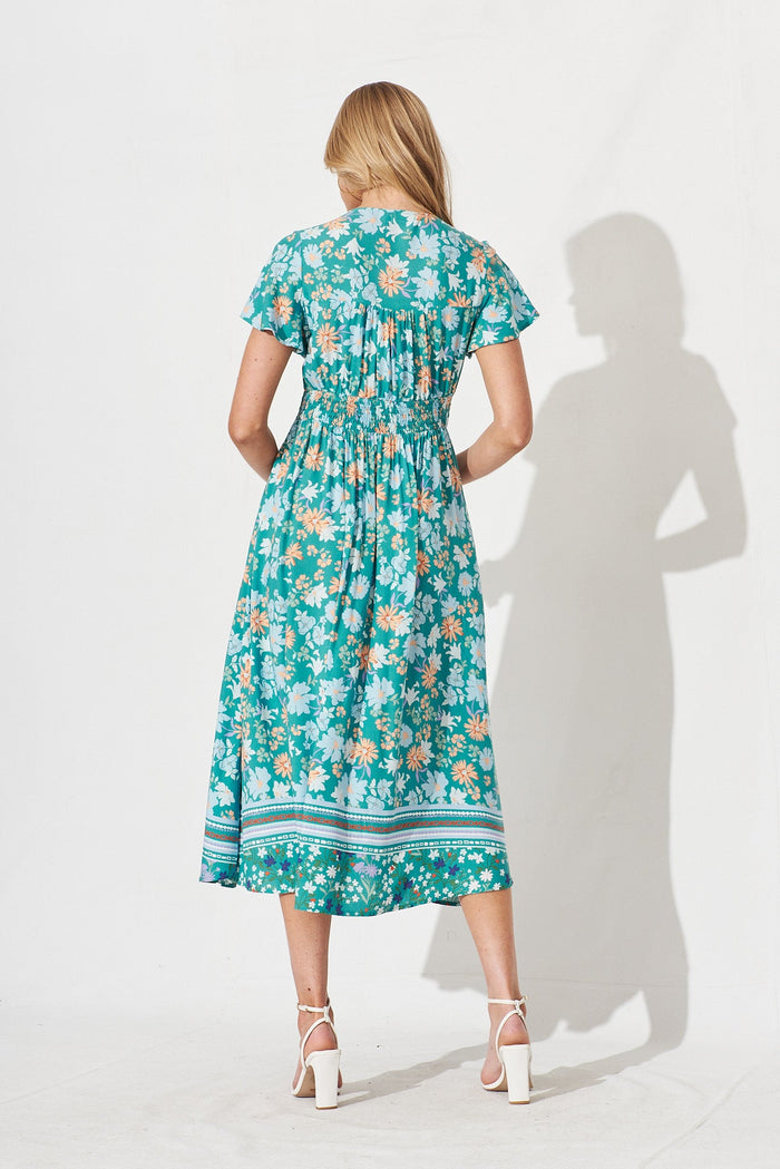 Nikke Midi Dress In Green With Blue Orange Floral - back