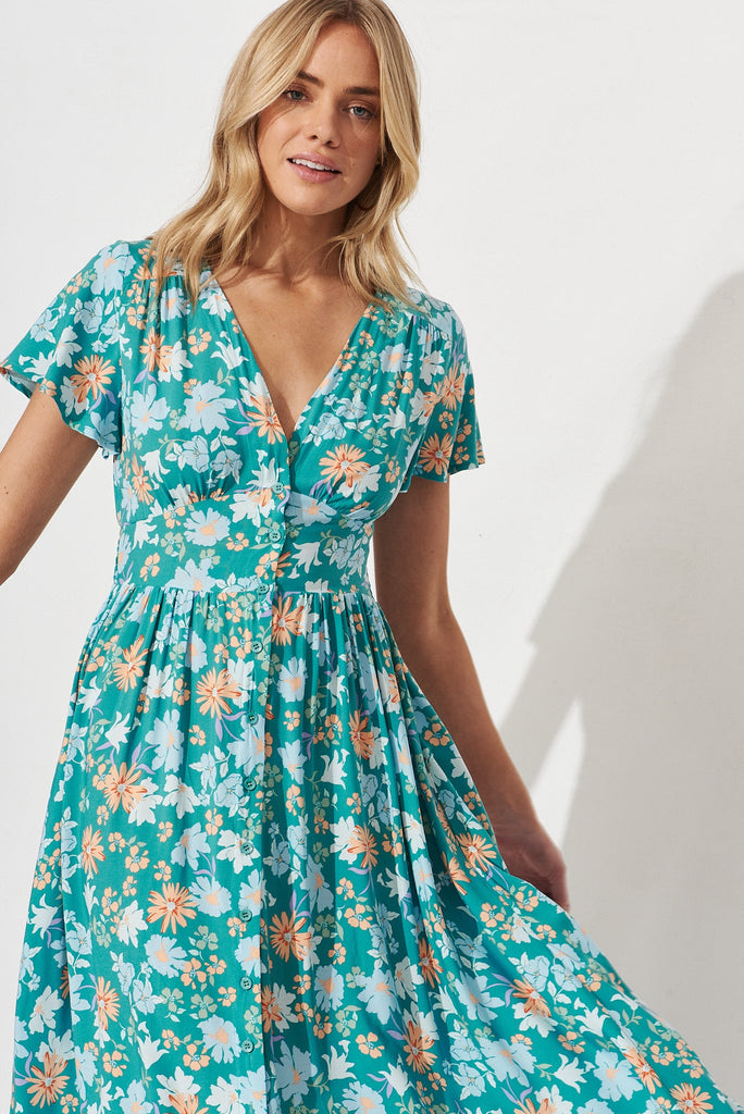 Nikke Midi Dress In Green With Blue Orange Floral - front