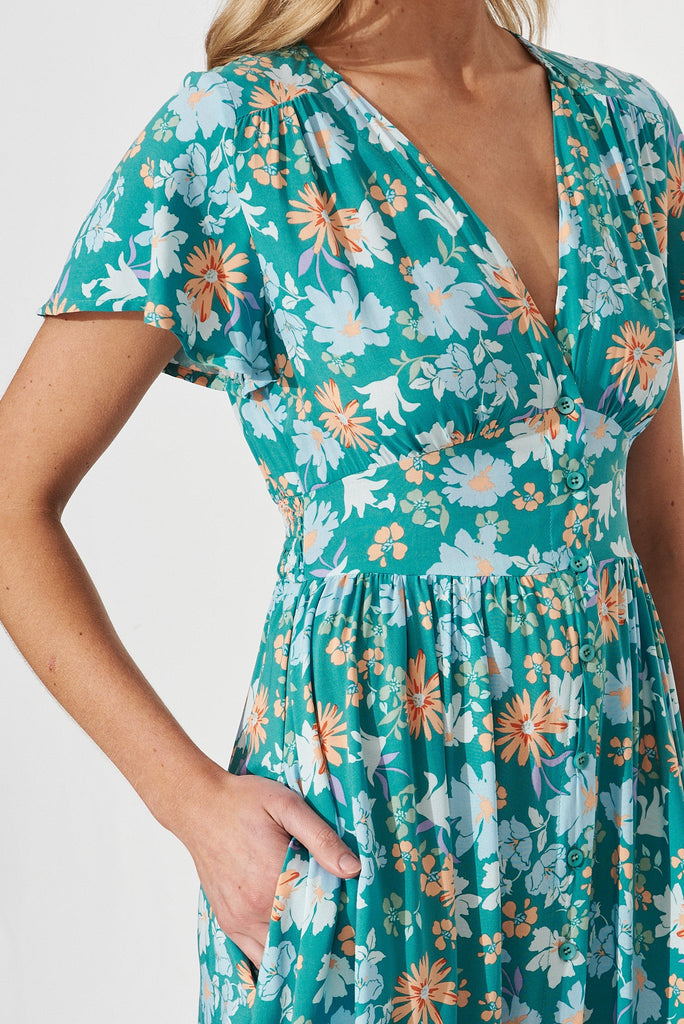 Nikke Midi Dress In Green With Blue Orange Floral - detail