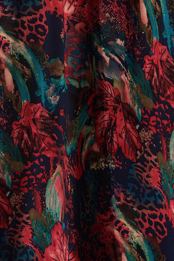 Fernadine Midi Dress In Green And Red Tropical Floral - fabric