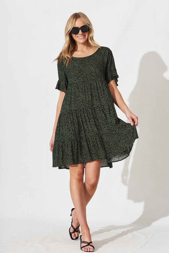 Lailah Smock Dress In Green With Black Speckle - full length