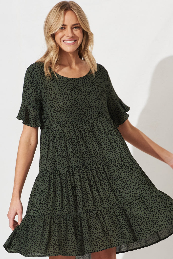 Lailah Smock Dress In Green With Black Speckle - front