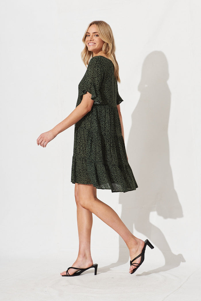 Lailah Smock Dress In Green With Black Speckle - side