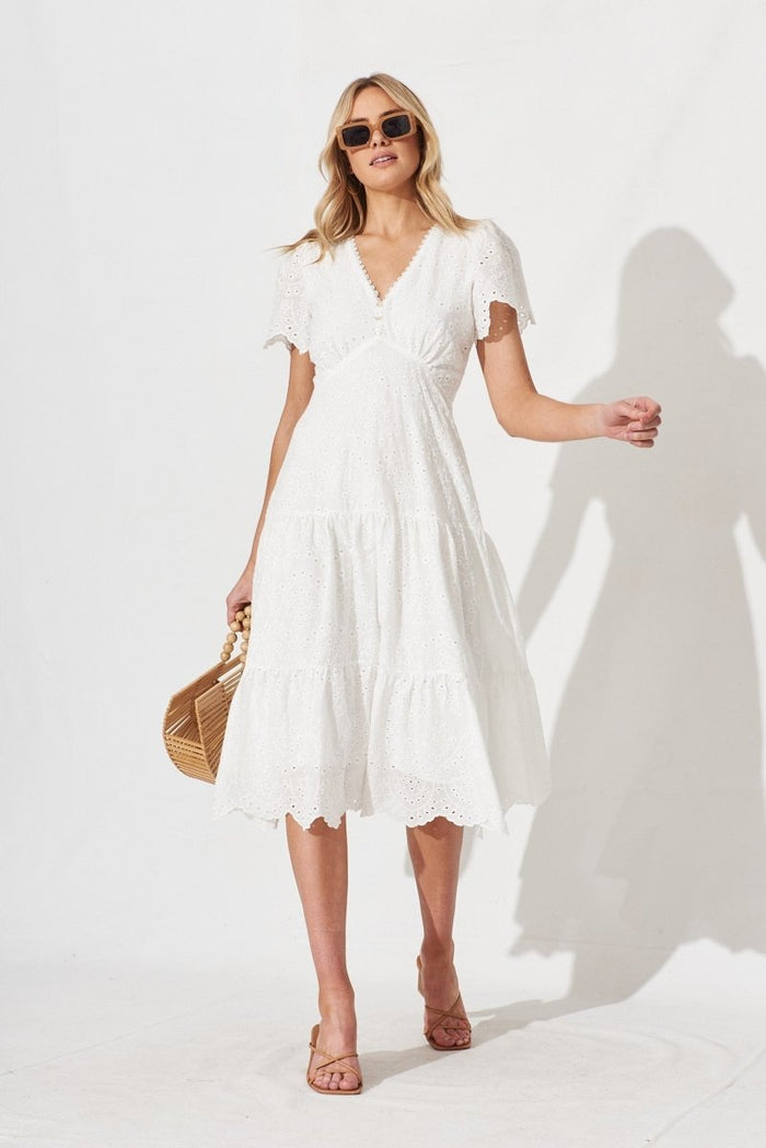 Charm Midi Dress In White Broderie - St Frock (Dev)