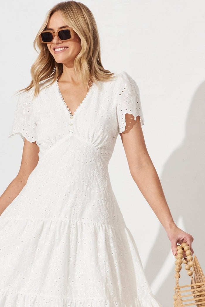 Charm Midi Dress In White Broderie - St Frock (Dev)