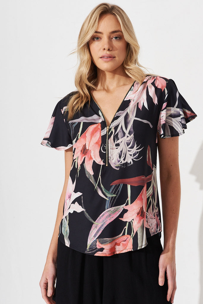 Viviana Top In Black With Pink Tigerlily Floral - front