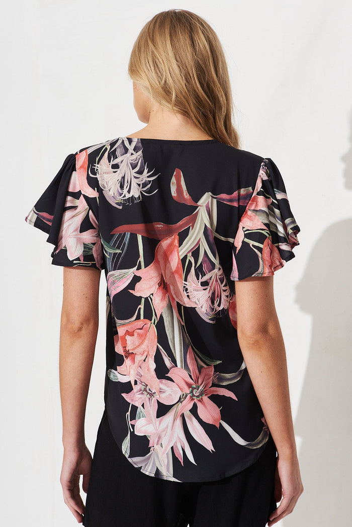 Viviana Top In Black With Pink Tigerlily Floral - back