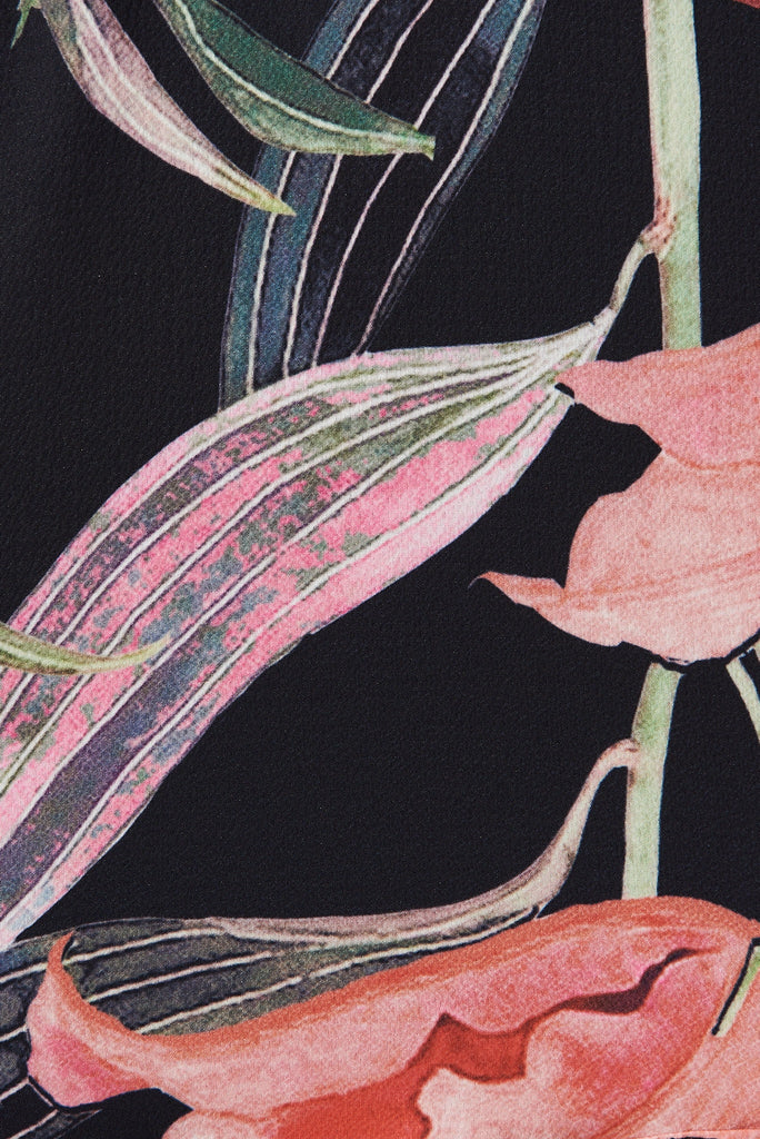 Viviana Top In Black With Pink Tigerlily Floral - fabric