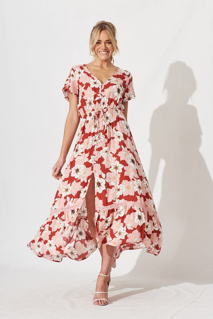 Abella Maxi Dress In Red With Pink Floral - full length