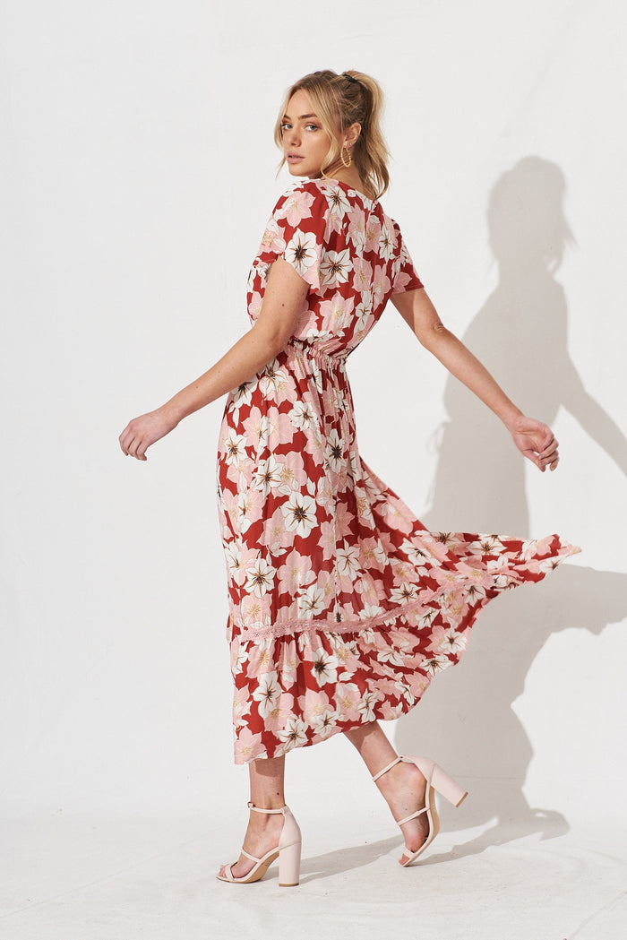 Abella Maxi Dress In Red With Pink Floral - side