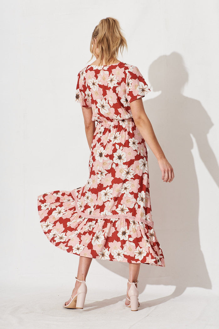 Abella Maxi Dress In Red With Pink Floral - back