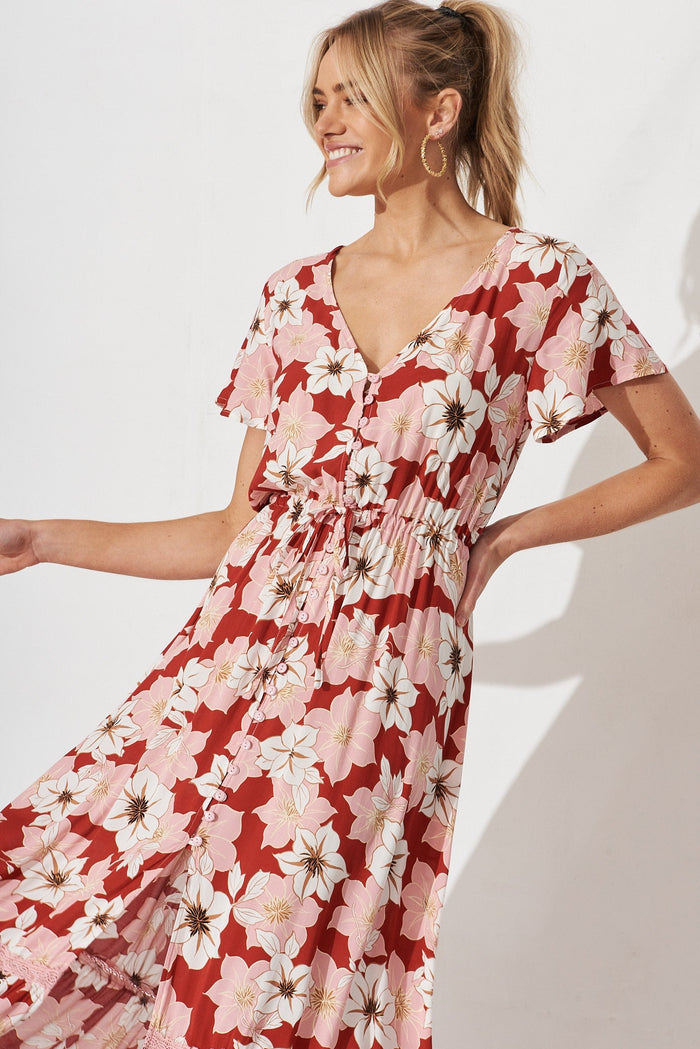 Abella Maxi Dress In Red With Pink Floral - front