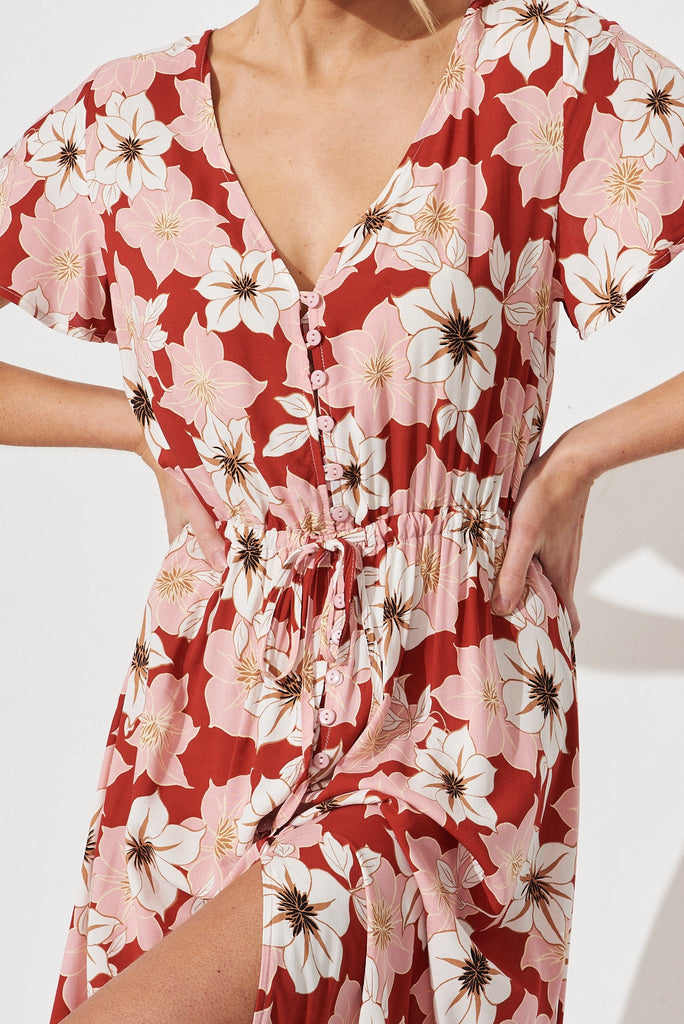 Abella Maxi Dress In Red With Pink Floral - detail