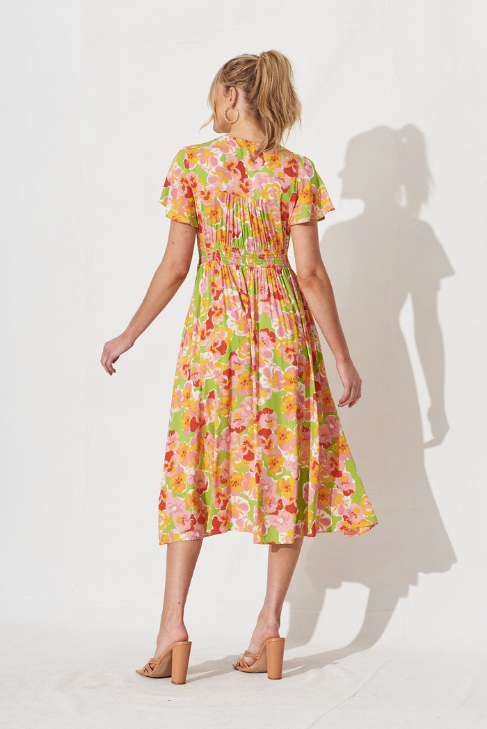 Nikke Midi Dress In Light Green With Pink Floral - back