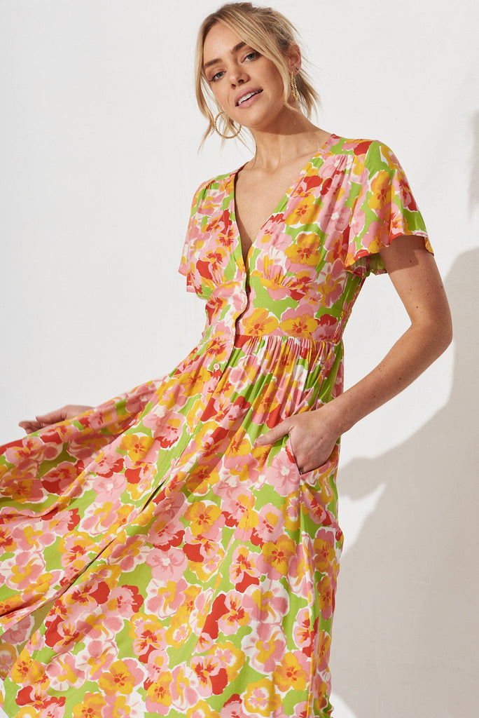 Nikke Midi Dress In Light Green With Pink Floral - front