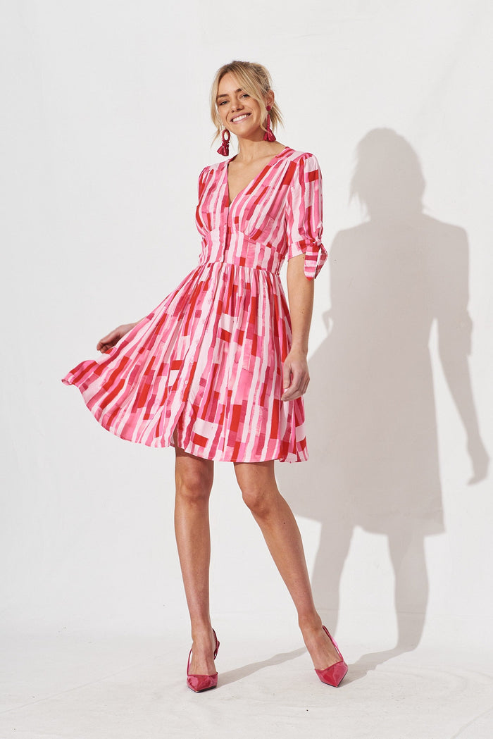 Quera Dress In Red With Pink Print - full length