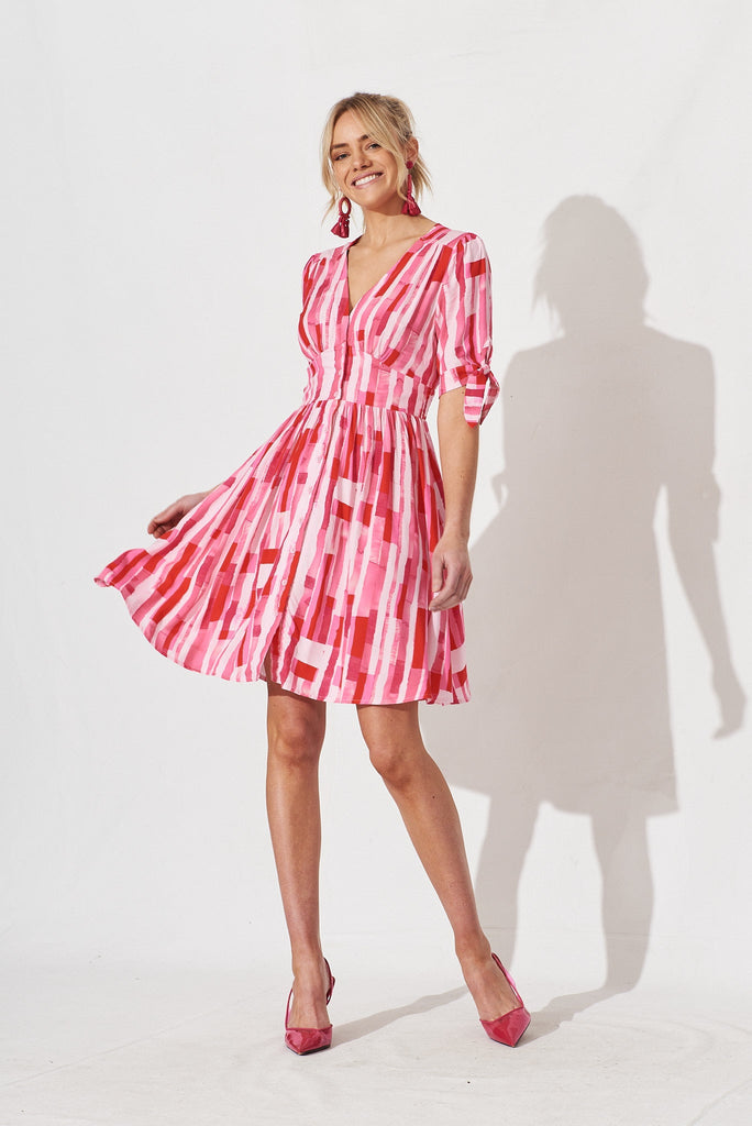 Quera Dress In Red With Pink Print - full length