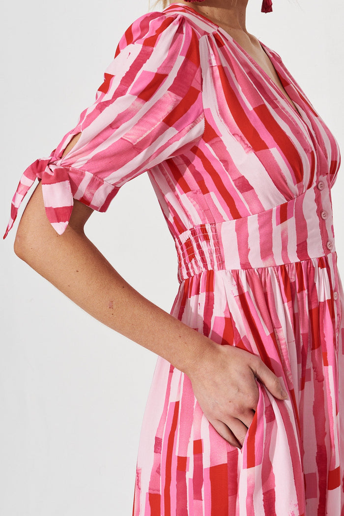 Quera Dress In Red With Pink Print - detail