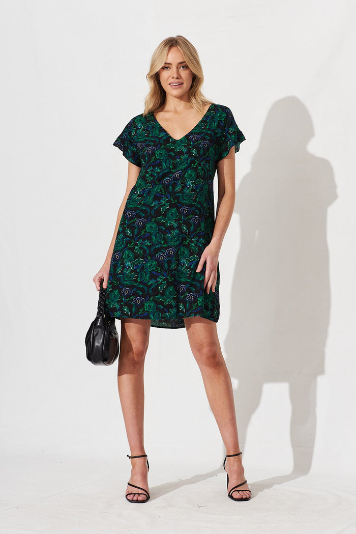 Play It Cool Shift Dress In Emerald With Green And Blue Floral - full length