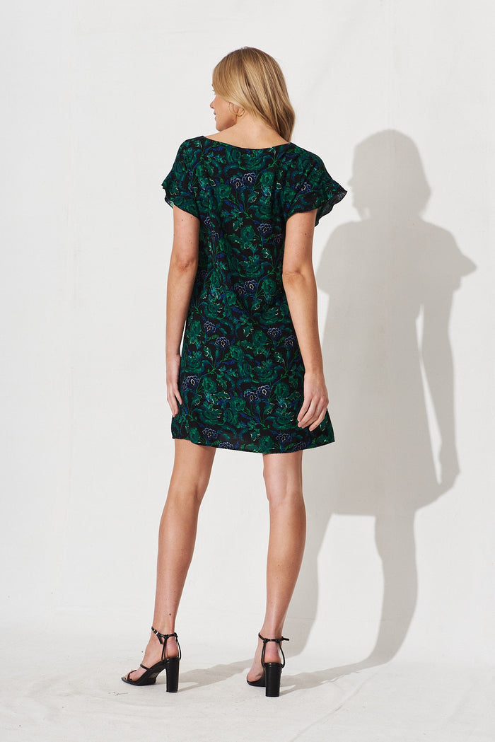 Play It Cool Shift Dress In Emerald With Green And Blue Floral - back
