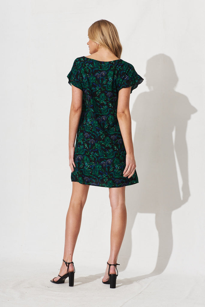 Play It Cool Shift Dress In Emerald With Green And Blue Floral - back