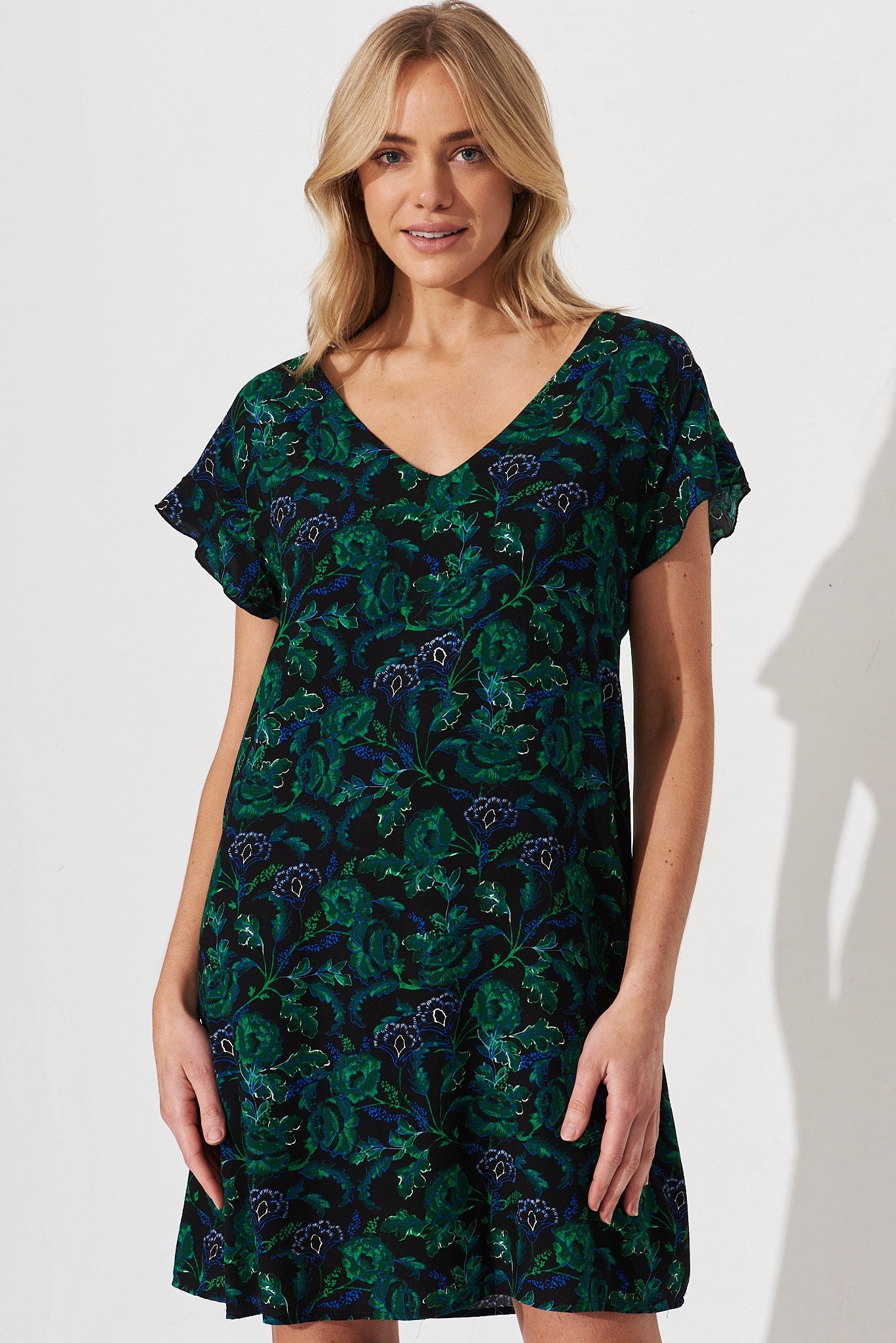 Play It Cool Shift Dress In Emerald With Green And Blue Floral - front