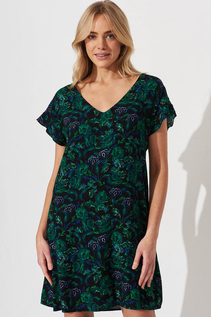 Play It Cool Shift Dress In Emerald With Green And Blue Floral - front