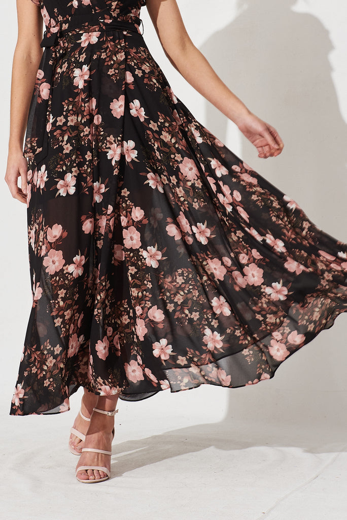 Wynter Maxi Dress In Black With Multi Floral Chiffon - detail