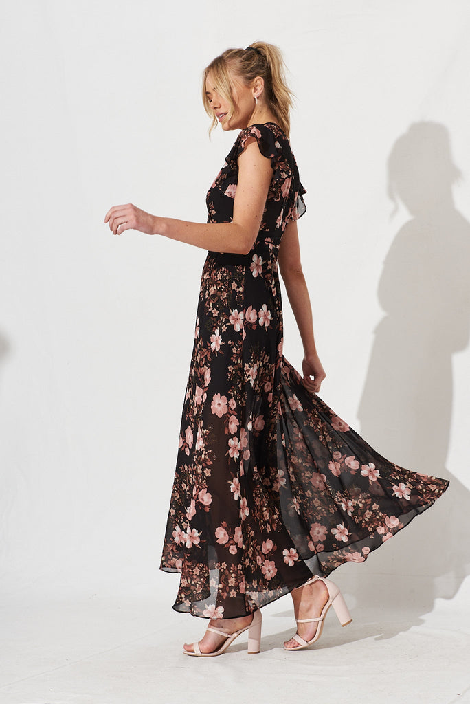 Wynter Maxi Dress In Black With Multi Floral Chiffon - side