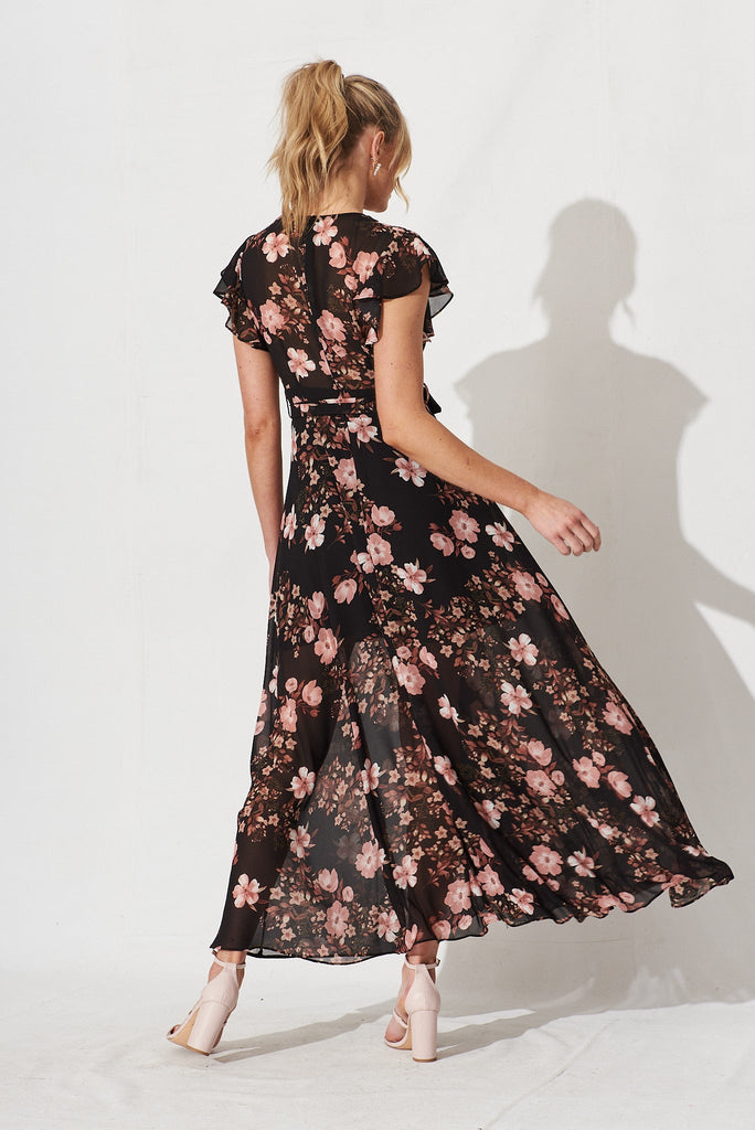 Wynter Maxi Dress In Black With Multi Floral Chiffon - back