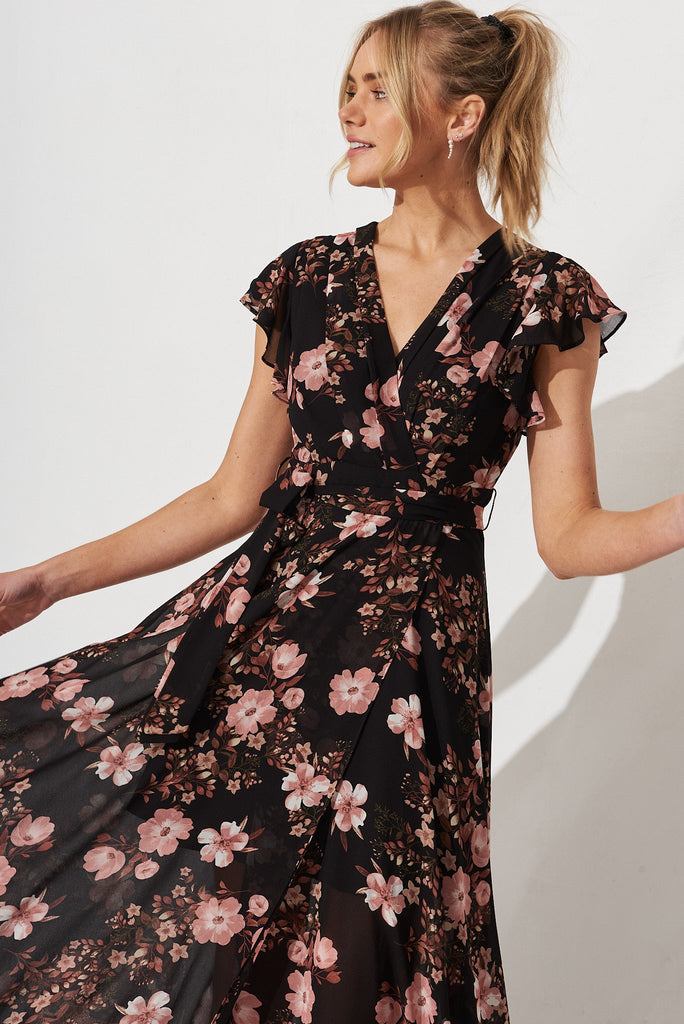 Wynter Maxi Dress In Black With Multi Floral Chiffon - front