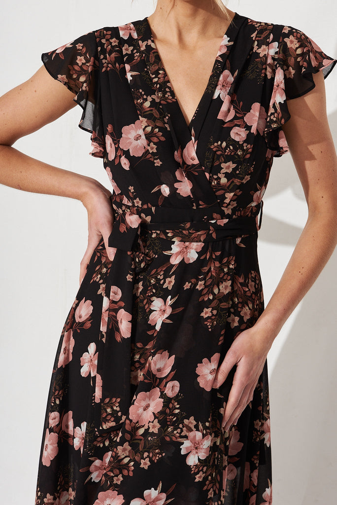 Wynter Maxi Dress In Black With Multi Floral Chiffon - detail