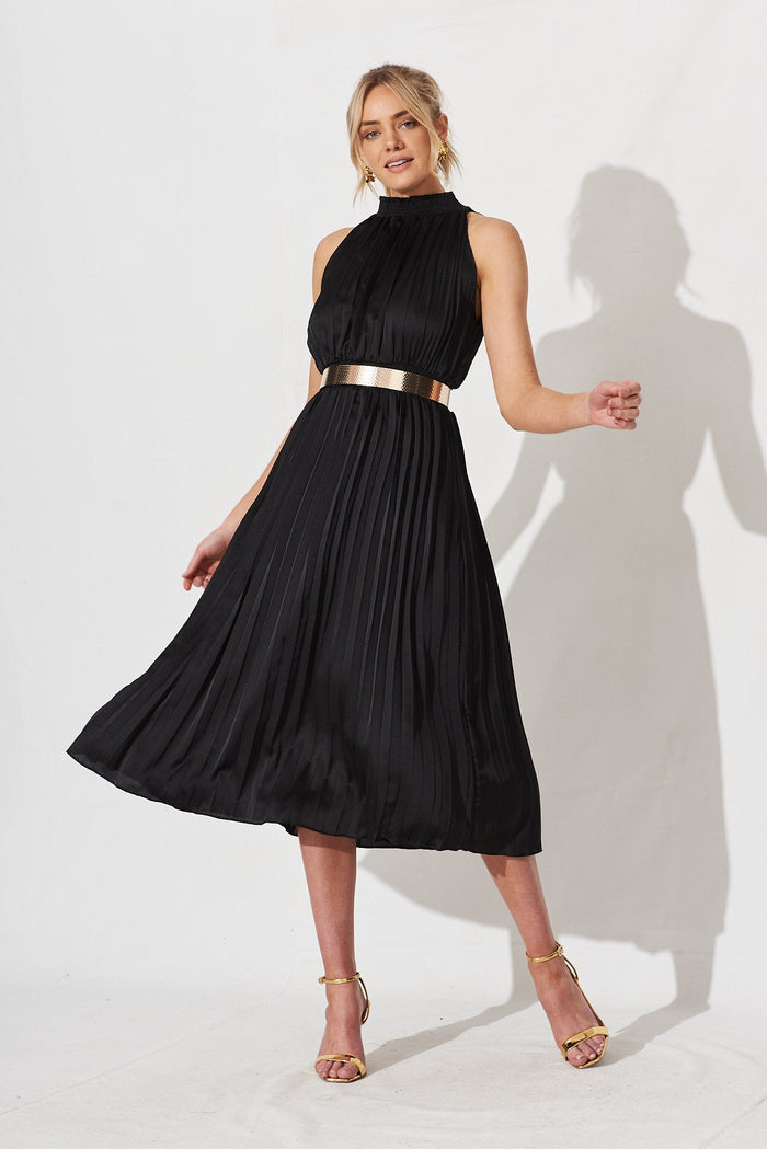 Simmie Midi Dress In Black Pleated Satin - full length