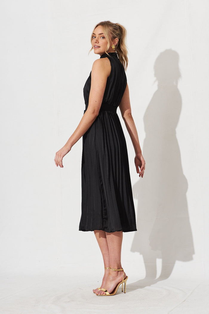 Simmie Midi Dress In Black Pleated Satin - side
