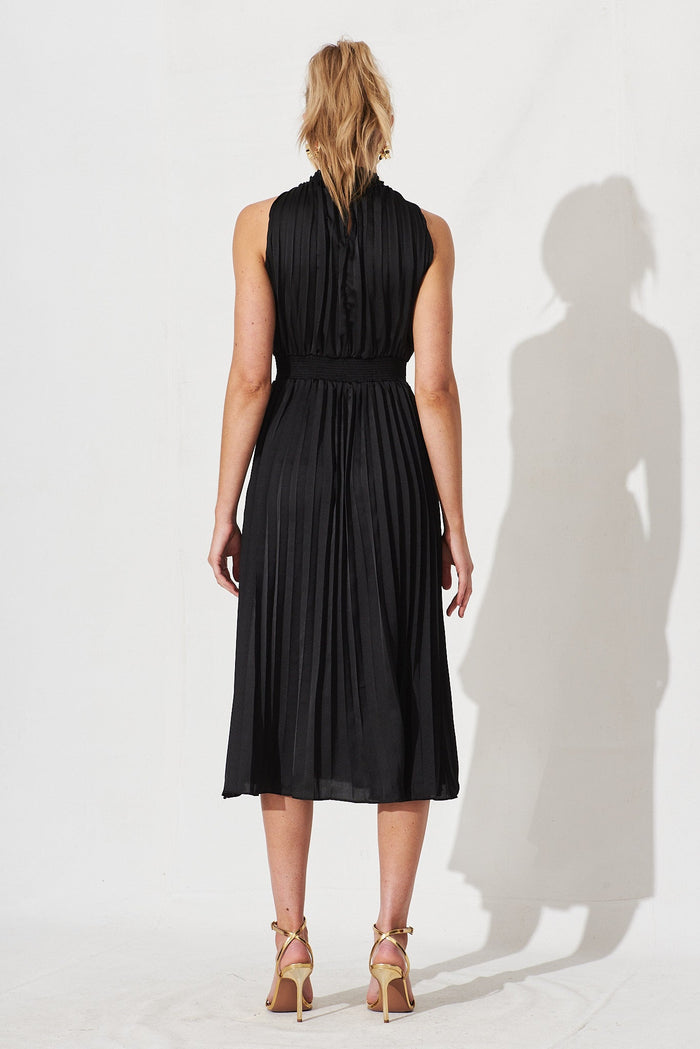 Simmie Midi Dress In Black Pleated Satin - back