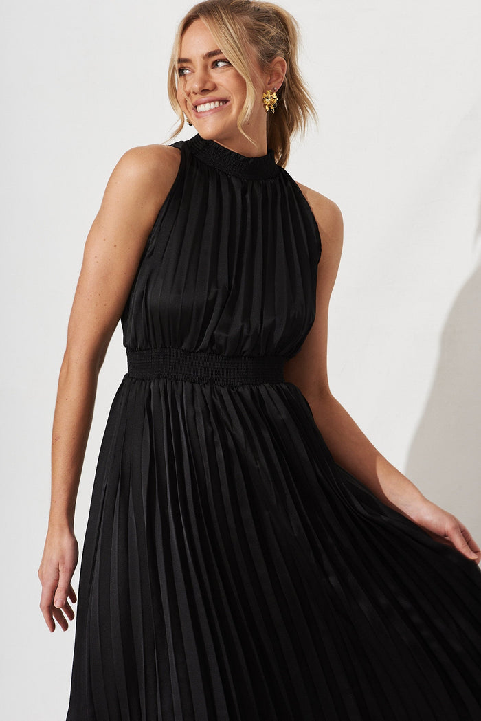Simmie Midi Dress In Black Pleated Satin - front