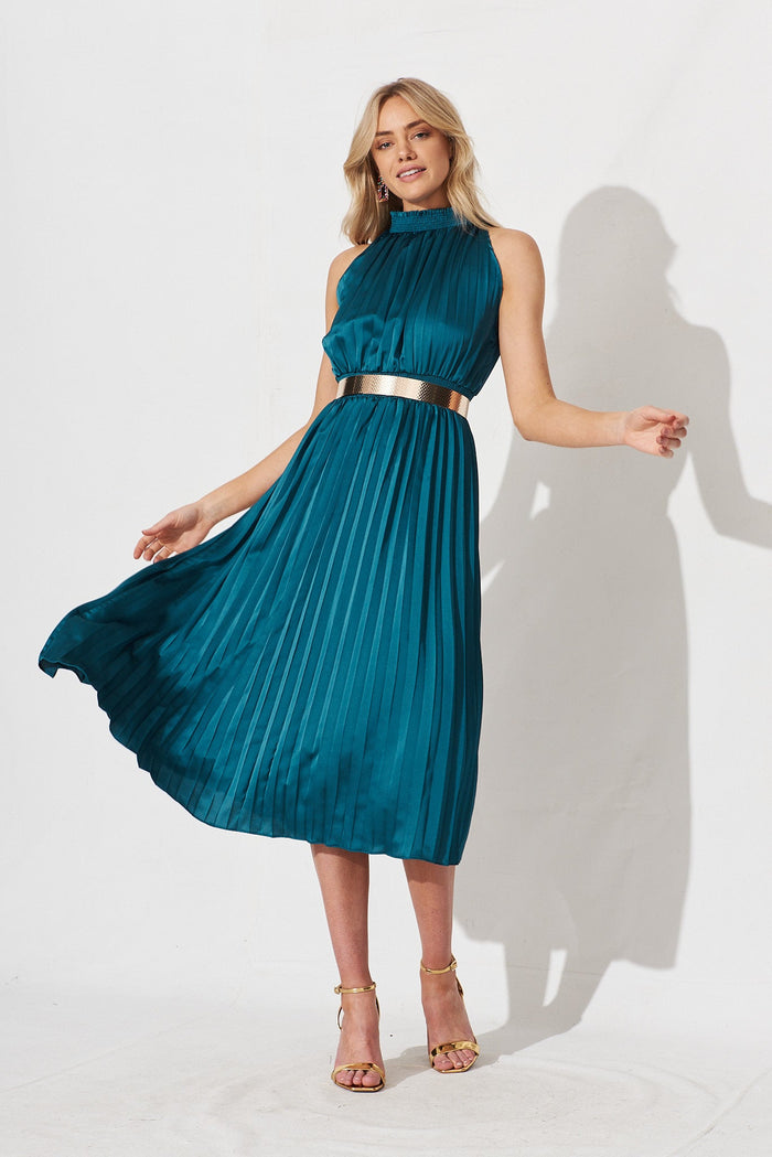 Simmie Midi Dress In Emerald Pleated Satin - full length